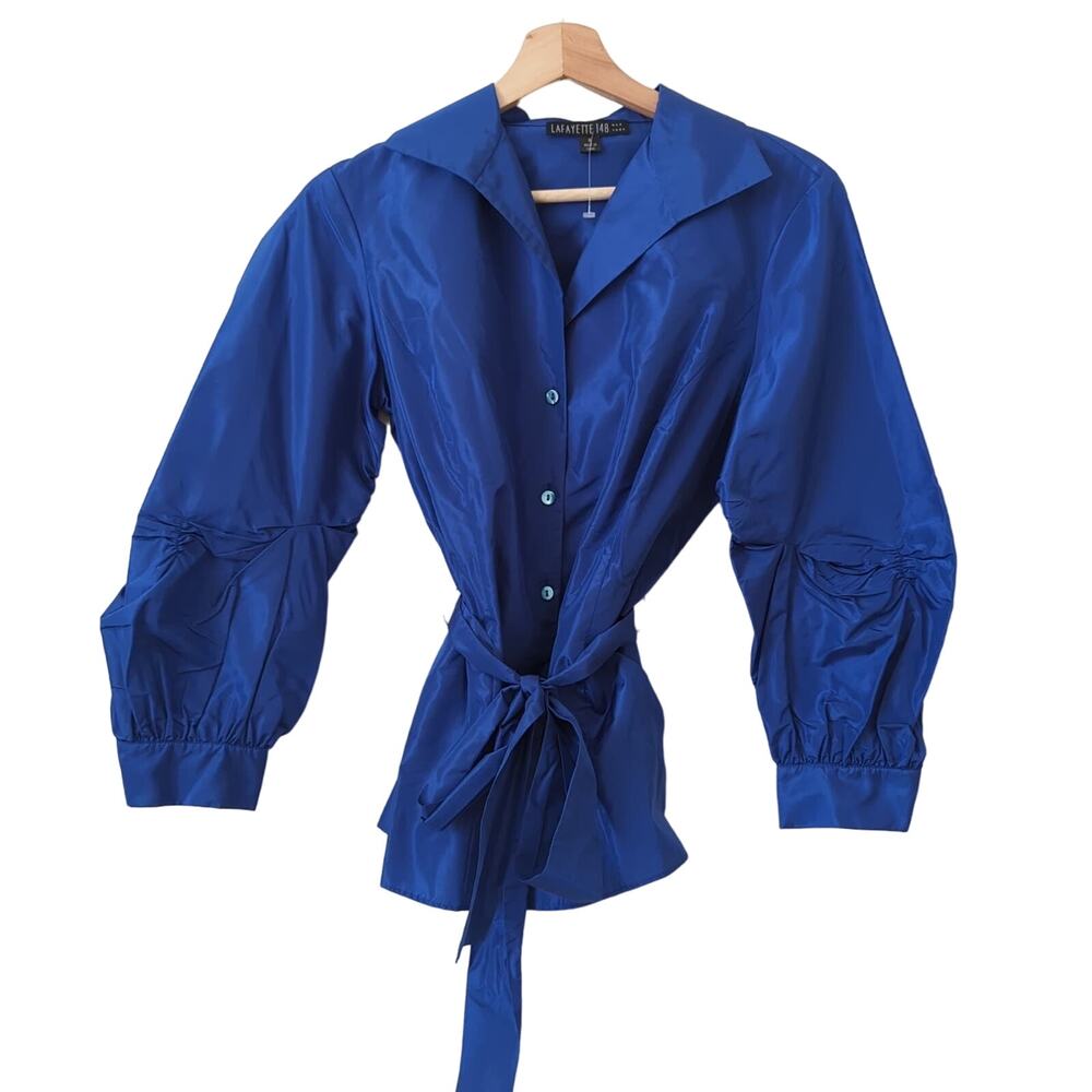 Lafayette 148 New York Womens Top Sheen Shiny 100% Silk Blouse Royal Blue Sz 4 S